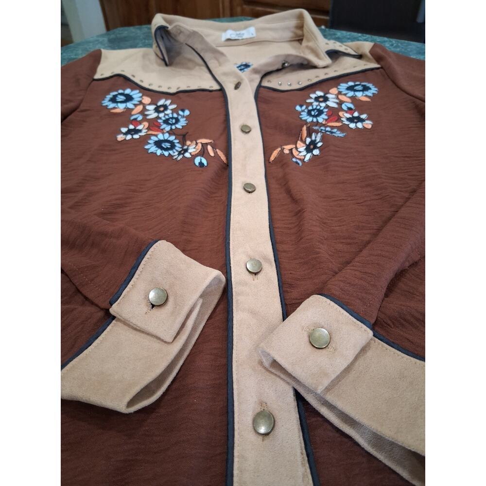 John Moon Western Cowgirl Shirt Sz L Embroidered Fringe Studded Floral Rodeo - Picture 2 of 13